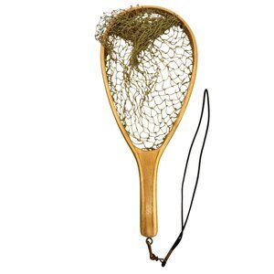 Vintage USL Wooden Fishing Net With Wrist Strap & Green Mesh 51f